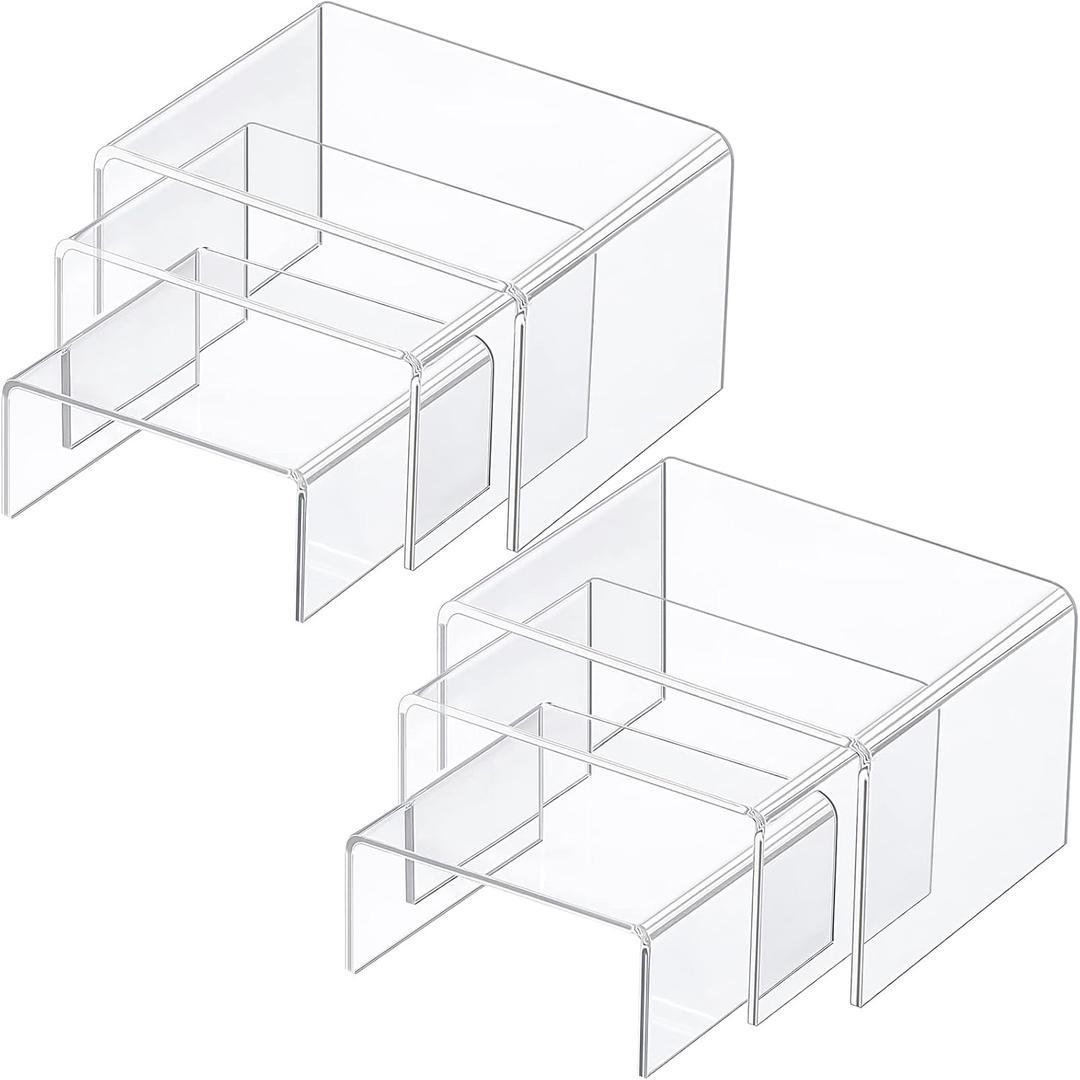 Chuangdi 2 Sets Acrylic Display Risers, Product Stand, Jewelry Display Riser Shelf Showcase Fixtures for Dessert Cupcake Candy Figure Treat Action Showcase(Clear,Small Set)