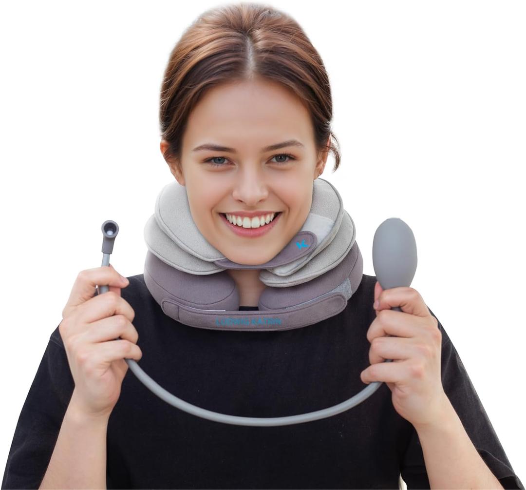 Tech Love Cervical Neck Traction Device, Neck Stretcher for Neck Pain with Removable Air Pump, Adjustable Inflatable Neck Decompression Devices, Neck Traction Devices for Home use or on Trips (Gray)