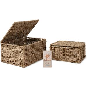 Small Nesting Wicker Cube Storage Boxes with Lids and Metal Steel Frame, Set of 2 Straw Wire Woven Square Storage Basket Organiser for Home, Kids, Toys, Small Items