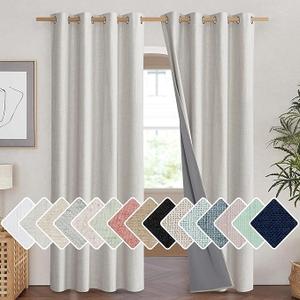 NICETOWN Natural 100% Blackout Linen Curtains 84 inch Long Burg for Living Room, 2 Panels, 52" Wide, Farmhouse Thick Completely Blackout Window Treatment Thermal Insulated Warm Drapes for Winter