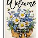Spring Welcome Daisy Flower Basket Garden Flag 12x18, Rustic Spring Floral Yard Decor, Double Sided Burlap Outdoor Welcome Flag for Porch Lawn Patio DF117