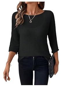 SweatyRocks Women's Sheer Pullover Sweater Loose 3/4 Sleeve Tops Dressy Casual Knit Sweater (Black) S