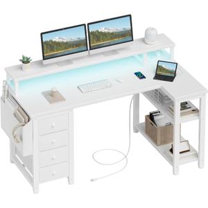 Lufeiya L Shaped Desk with Led Lights and Power Outlets, 47 Inch Writing Study Computer Gaming Desks with Fabric Drawers for Bedroom, Home Office Corner Desk with Monitor Stand Shelves, White, 47.2"