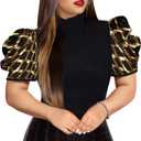 acelyn Women Sexy Sparkle Shimmer Sequin Top See Through Mesh Puff Short Sleeve Tunic Shirt Holiday Party, Gold, 3 XL