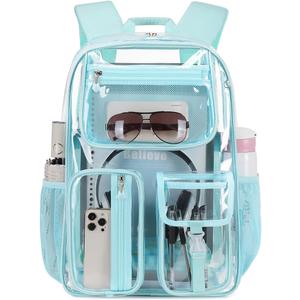 Cusangel Clear Light Blue Backpack For Girls, Heavy Duty Transparent BookBag, 16inch TPU Large Capacity See Through Bag for Sport Events, Travel, Stadiums, Work (Aqua)