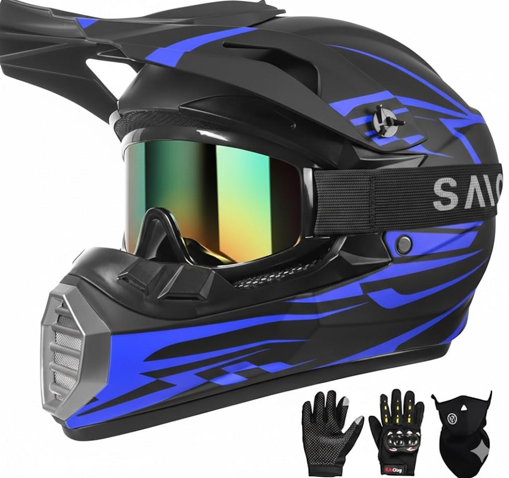DOT Approved UltraLightweight Full Face Dirt Bike Helmet  Ventilated ATV/Motorcycle Motocross Helmet with Gloves, Goggles & Face Shield (Blue, Large)