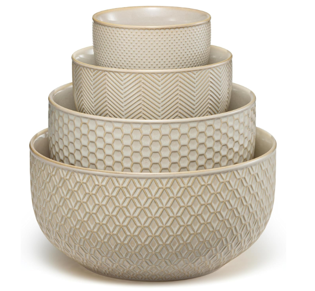 KooK Ceramic Mixing Bowls, Nesting Set of 2, Embossed Kitchen Dishware, Prep, Serving, Gift, Microwave and Dishwasher Safe, 20/44/98/145 oz, Narbonne Collection (Almond)