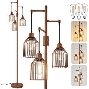 Dimmable Floor Lamp for Living Room, Farmhouse Floor Lamps with Elegant Hanging Cage, 3 x LED Edison Bulbs Included, 68.5" Industrial Standing Light for Bedroom Office Home Decor (Wood)
