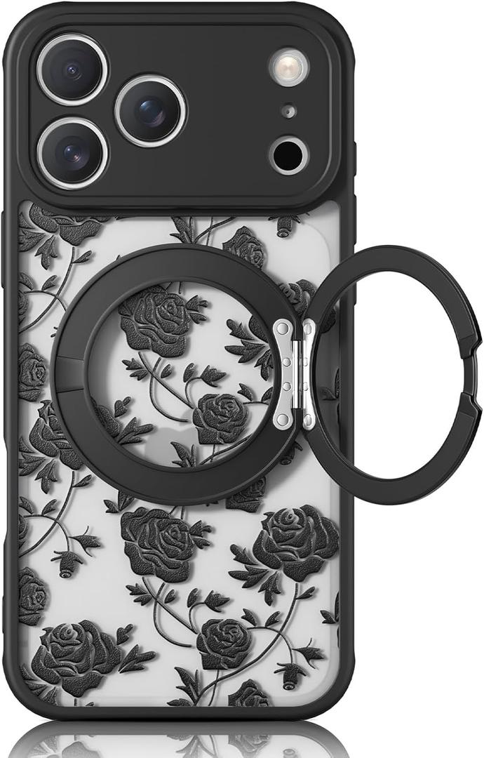 Magnetic Stand Case for iPhone 17 Pro Max [360 Rotatable Kickstand] [Compatible with MagSafe] Black Rose Design with Ring Holder Case for Women Girls, Translucent Matte Slim Phone Cover