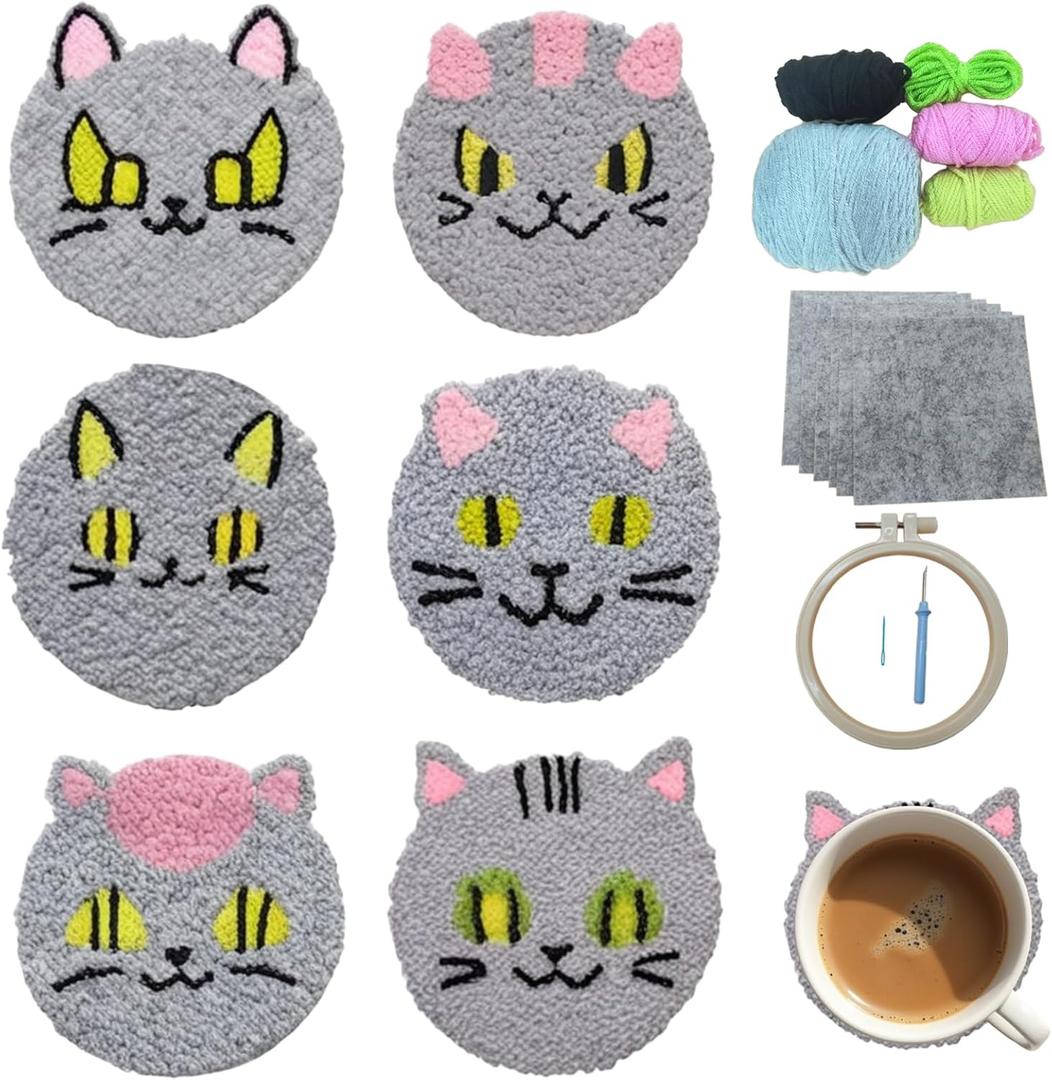 57lilina Punch Needle Coaster Kit for Adults Beginners Kids, 6 Set Complete Animal Cat Punch Needle Stitching Embroidery Art Kit, Step-by-Step Guide Make Punch Needling Drink Coasters for Starter