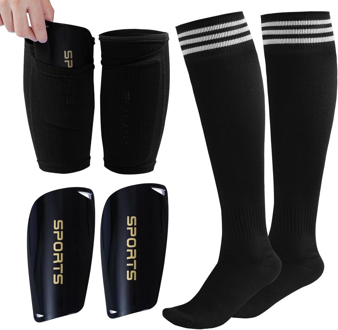 Soccer Shin Guards Shin Pads Shin Guards Sleeves with Inserted Pocket and Long Soccer Socks for Soccer Games Team Sports (Small, Black)