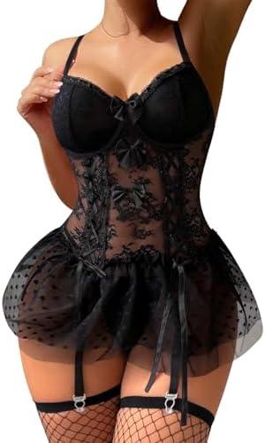 Foxiny Sexy Stocking Corset Babydoll Mesh Sheer Lace Up Ruffle Underwire Garter Lingerie with Thong Set 3 Piece.Medium