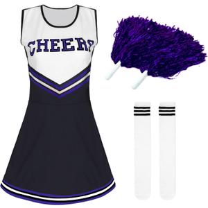 Women's Cheerleader Costume Outfit Cheer Dress with Pom Poms & Retro Striped Socks for Halloween Sports Events Theme Parties