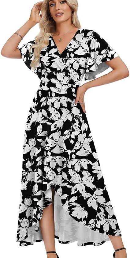 WEACZZY Women V Neck Ruffle Sleeve Maxi Dresses Split Elegant Slim wrap Waist Wedding Guest Dress Elegant Casual Dresses 2026 X-Large, Sketch White Black