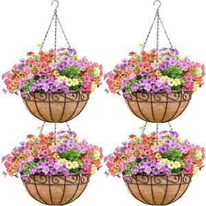 4 Pack 14 Inch Round Hanging Basket with Coco Liners， Metal Hanging Baskets for Plants Outdoor， Hanging Planter with Chain Garden Products for Outdoor, Porch, Lawn, Garden