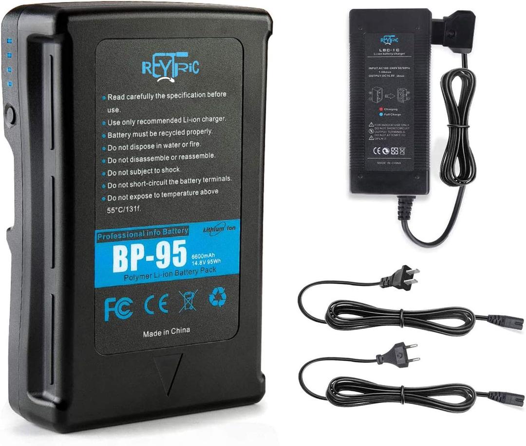 REYTRIC 95Wh(6600mAh) V Mount/V-Lock Battery with D-tap Output Charger and D-Tap Cable Compatible Video Camera Camcorder Broadcast LED Light Replacement Brick for DSLR