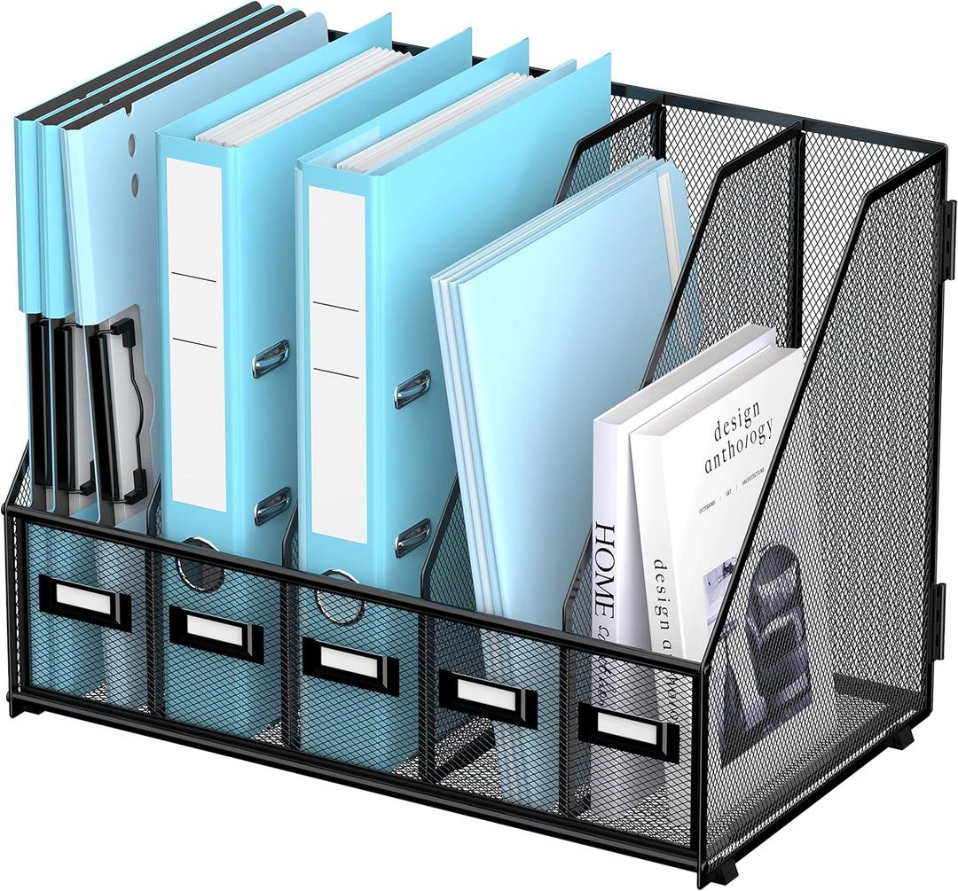 SUPEASY Desk Organizers Metal Desk Magazine File Holder with 16''x12''x12'' 5 Vertical Compartments Rack File Organizer for Office Desktop, Home Workspace, Black Plus (Large)