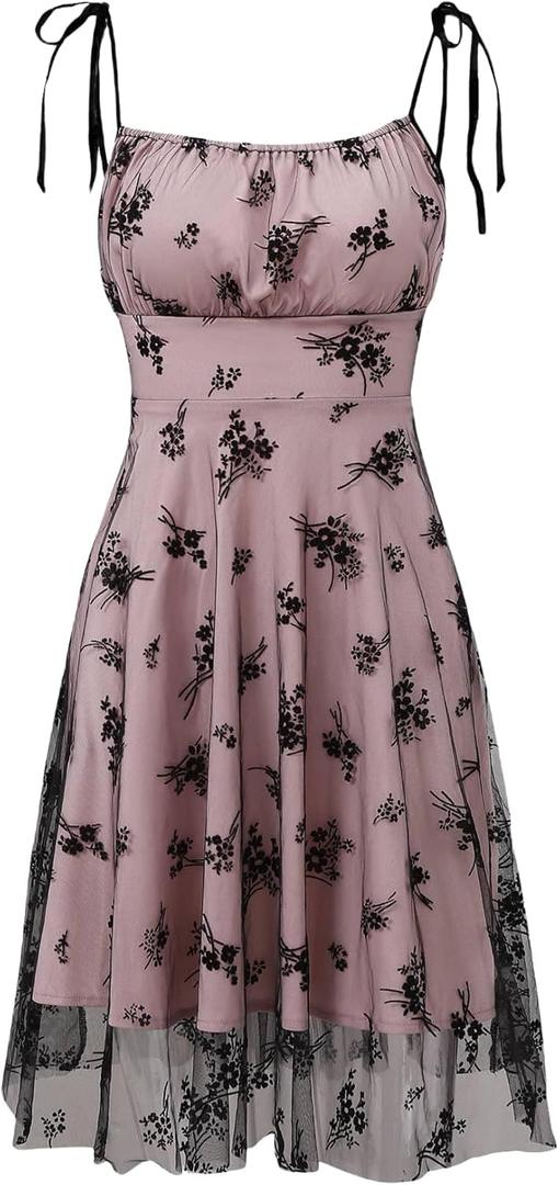 WDIRARA Women's Floral Print Sheer Mesh Tie Shoulder Ruffle Hem Cami Dress (S)