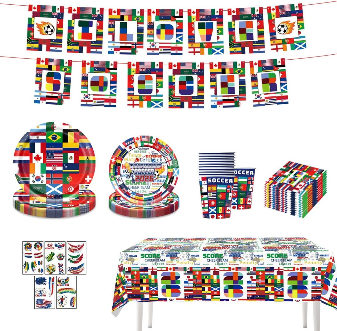 47PCS 2026 Soccer Party Supplies Set, Football Match Day Decorations for Fans, Temporary Tattoos,Includes Banner, Tableware with Plates, Cups, Napkins and Tablecloth For 10 Guests