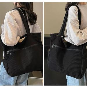 PANYUYI Women Corduroy Tote Bag Large Shoulder Bag Work Laptop Large Handbags Purse for Travel School Work Shopping Vacation (Black)