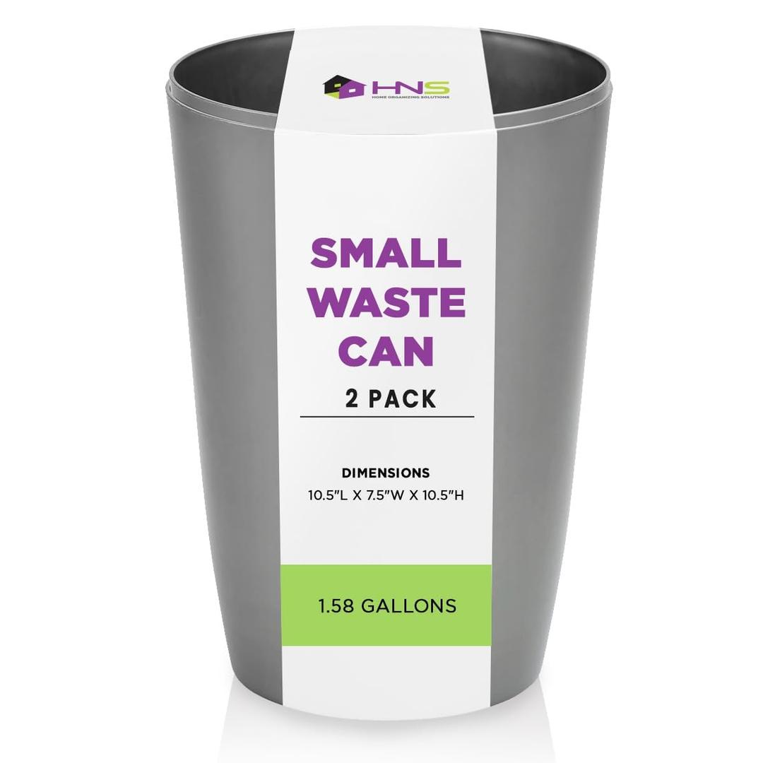 HOLDN STORAGE Small Open-Top Trash Can - for Kitchen, Office, Dorm, Bathroom - Compact Waste Bin for Tight Spaces - Bathroom Trash Bin - 10.5 x 7.5, Silver Brushed - Pack of 2