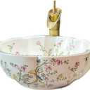 Ceramic Bathroom Vessel Sink Bowl White Color Art Above Counter Vanity Wash Basin with Flower Shape and Flower Bird Pattern,1Sink Only
