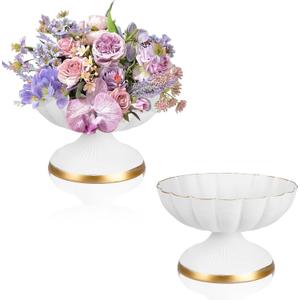 2 Pcs White Compote Bowl Vases for Centerpieces 7" Urn Vase, Small Metal Pedestal VaSe Pot, Flower Arrangement for Wedding Anniversary Party Home Decor