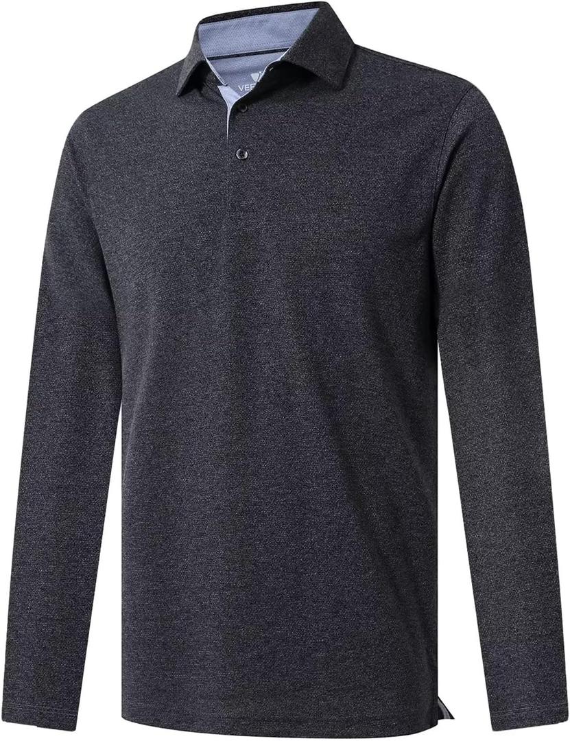 VEBOON Men's Polo Shirts Long and Short Sleeve Cotton Blend Heather Moisture Wicking Casual Collared Shirts (L)