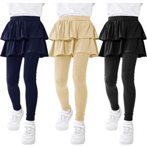 Resinta 3 Pack Girls School Uniform Pants Girls Leggings with Skirt Winter Warm Leggings  (9-10 Years, Black, Navy, Khaki)