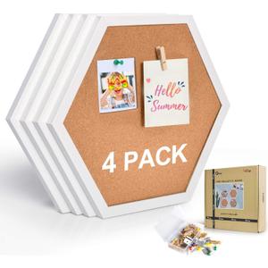 AkTop Cork Bulletin Board Hexagon 4 Pack, Small Framed Corkboard Tiles for Wall, Thick Decorative Display Boards for Home Office Decor, School Message Board with 16 Push Pin Wood Clips, White