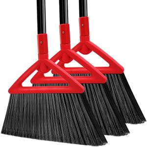 Heavy Duty Angle Broom, 3 Pack Longer Commercial Brooms, Swipe Brooms for Sweeping Indoor Outdoor, Perfect Red Broom of Kitchen, Garage, House, Restaurant