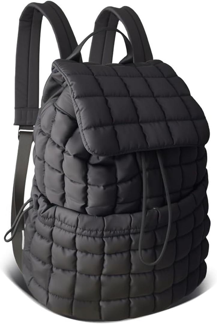 RCRZQ Black Puffer Backpack for Women, Lightweight Drawstring Closure Quilted Laptop Daypack Stylish Anti-Theft Travel Bag