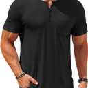 COOFANDY Mens Henley Shirts Short Sleeve Casual T Shirt Plain Slim Fit Henley Stylish Summer Tee Shirts with Pocket (Large, Black)