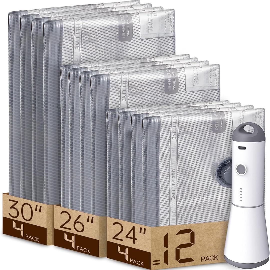 Vacbird 12 Pack Vacuum Bags for Travel with Rechargeable air Pump, Carry-on Size Vacuum Seal Bags for Luggage and Suitcase Compression, Space Saver for Clothes and Clothing Travel