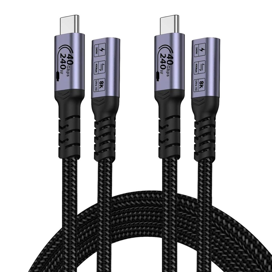 USB C Extension Cable 3.3FT (2 packs/240W/40Gbps/8K), 240W USB 4.0 Extender Fast Charging Cables, 40Gbps Transfer Type C Male to Female Cord, 8K 60Hz Video Monitor Compatible with iPhone 16/15/PSVR2 (3ft, 3ft)