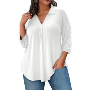 REDHOTYPE Womens Plus Size Tops 3/ 4 Sleeve Shirts Collared V Neck Blouses Casual Work Tunic Tops, White, 3X