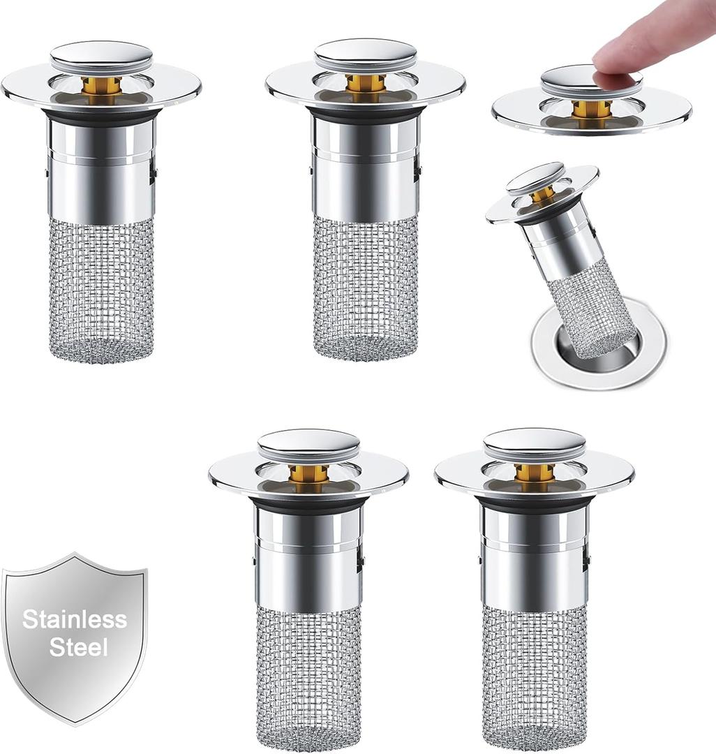Sink Drain Strainer, 4 Pcs Pop Up Sink Stopper Bathroom with Removable Hair Catcher Basket, Kitchen Bathroom Drain Stopper Filter, Drain Hair Catcher for 1.1"-1.45" Basin Drain Holes