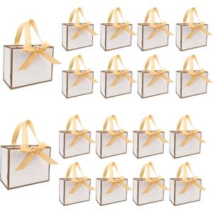 TKSBAG 50 PCS Small White Gold Gift Bags with Bow Ribbon - 6.4x3.1x5.1 Inch Thank You Bags with Handles, Bulk for Baby Shower, Bridal Shower, Wedding, Party Favors, Valentine