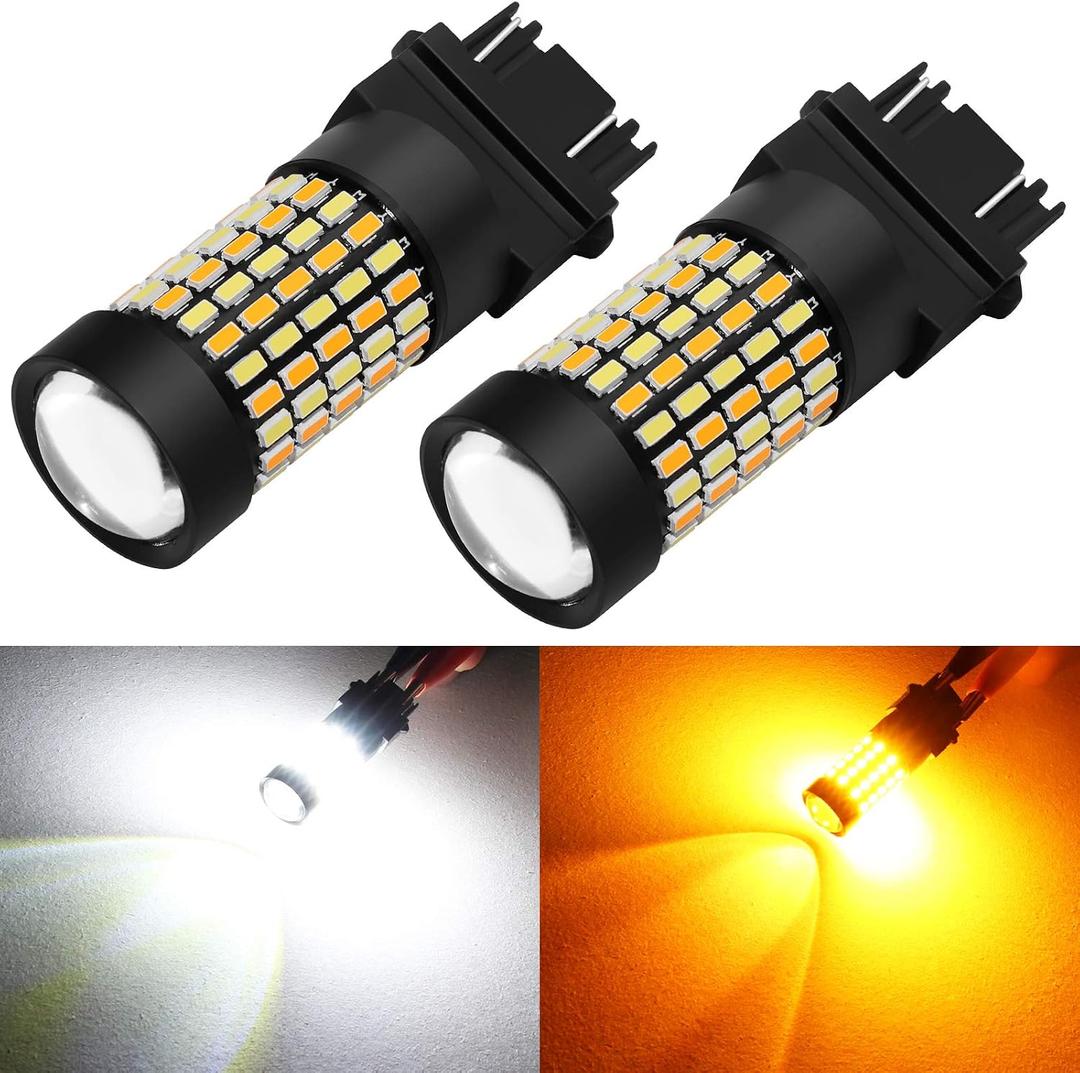 PHINLION Super Bright White Amber Dual Color Switchback 3157 3155 3057 3457 4157 LED Bulbs with Projector for Car Front Turn Signal Parking Lights, Pack of 2