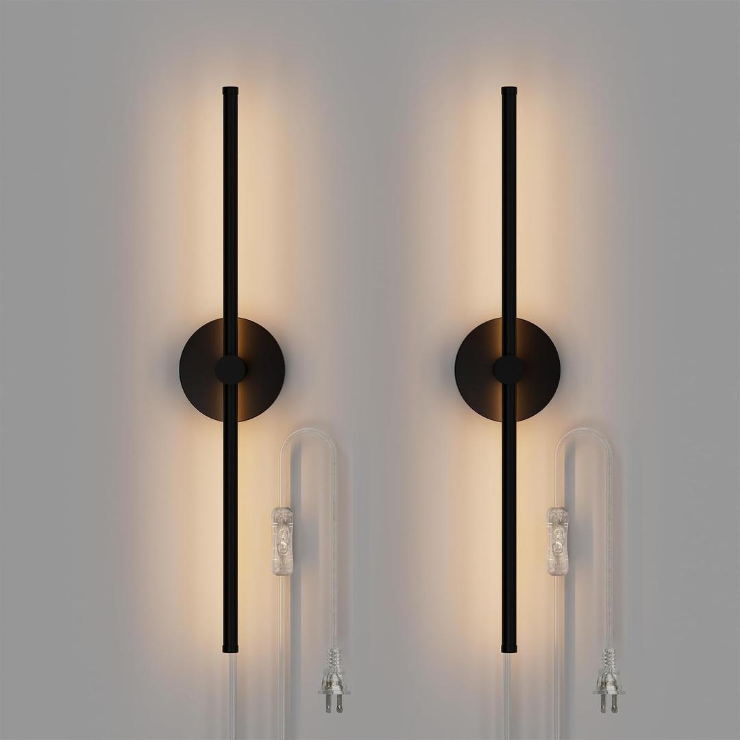 ZAGO Plug in or Hardwired Linear Wall Sconce: 24 Inch LED Indoor Modern Linear Wall Lights Set of Two with On/Off Switch, 5CCT Switchable, Matte Black, Dimmable for Living Room, Bedroom, Hallway
