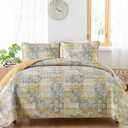 Mybedsoul Yellow Boho Quilt Set King Size 3 Pieces Grey and Yellow Plaid Floral Bedding Set Microfiber Lightweight Bohemian Patchwork Bedspread Coverlet Set for All Season 90"x104"