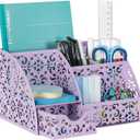 EasyPAG Pen Holder Desk Organizer with Drawer Pencil Cup for Desk 6 Compartments Metal Office Caddy Storage with Sticky Notes Holder for School Home Office, Purple