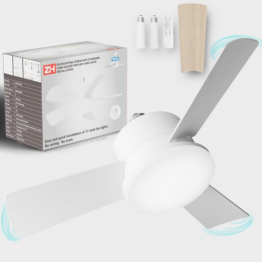 OKYUK Ceiling Fans with Lights,17in Small Ceiling Fan ceiling fans with and remote, with 6-Speeds, definite time, Dimmable LED, E26/E27 Base, for Bedroom, Kitchen, Living Room,Garage Fan (Milky)