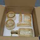 Bathroom Accessories Set, 5Pcs Gold Glass Bathroom Accessories Set with Gold Soap Dispenser, Soap Dish, Toothbrush Holder, Tumbler, Cotton Swab Jars