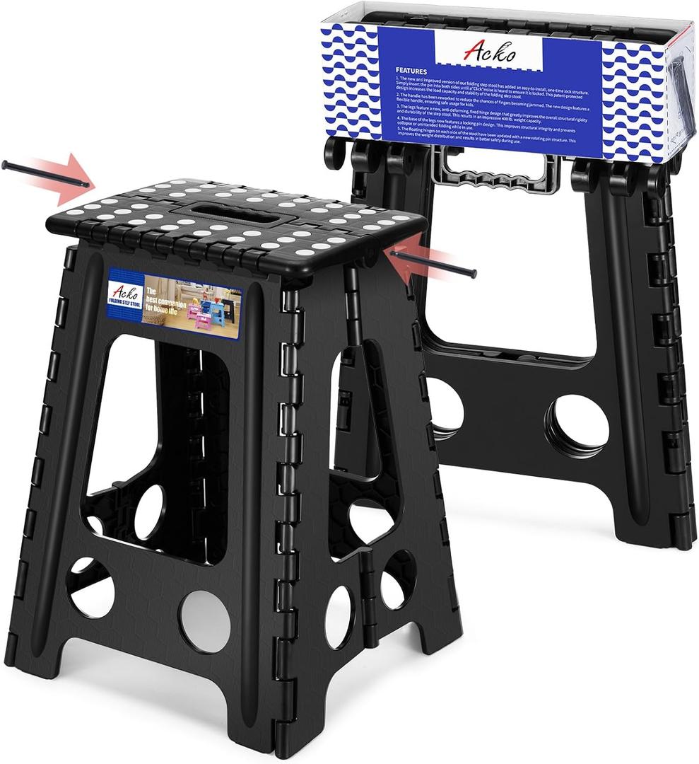 ACKO Folding Step Stool Foldable 17.5 Inch 400 lbs Capacity, Plastic Stools for Adults and Kids, Collapsible Stools for Kitchen, Stepping Stool with Handle (Black)