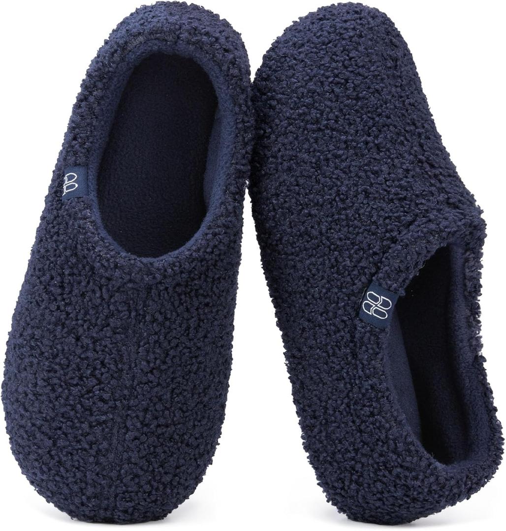 HomeTop Women's Fuzzy Curly Fur Memory Foam Loafer Slippers with Polar Fleece Lining (9-10, Navy)