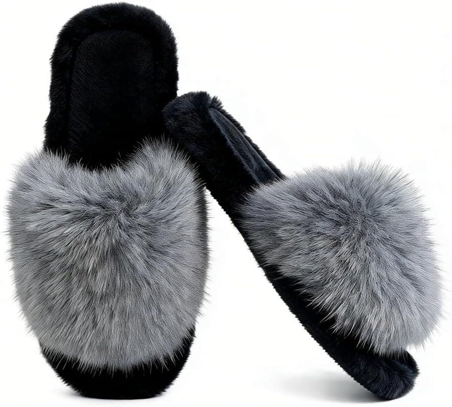 Furry Fluffy Slippers for Women Indoor, Faux Fur Open Toe House Slippers Cozy Soft Womens Slippers (9-10, Grey)