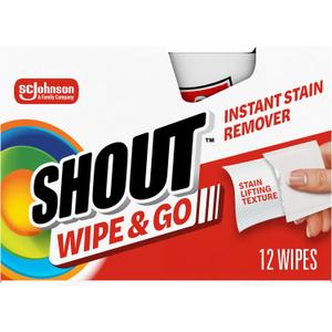 Shout Wipe & Go Instant Stain Remover Wipes, No Wash Required, Safe on Colorfast Washables, Travel & Baby Diaper Bag Essentials, Removes Grass, Coffee, Makeup & More, 12 Wipes (Pack of 1)