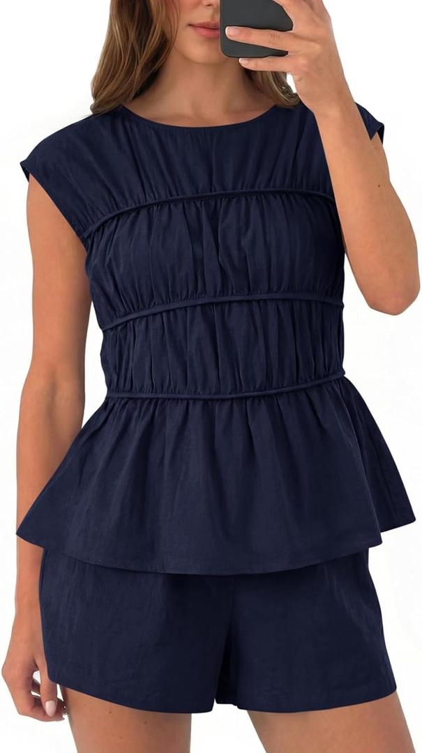 Tankaneo Womens Summer Smocked 2 Piece Short Sets Cap Sleeve Babydoll Peplum Blouse Casual Matching Set Vacation Outfits M