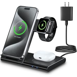 Charging Station for Apple Multiple Devices, Foldable 3 in 1 Wireless Charger for iPhone 16 15 14 13 Pro Max Plus &Apple Watch 10 9 Ultra 8 7 6 5 4 3 2 SE/AirPods Pro 4 3 2 (Black)